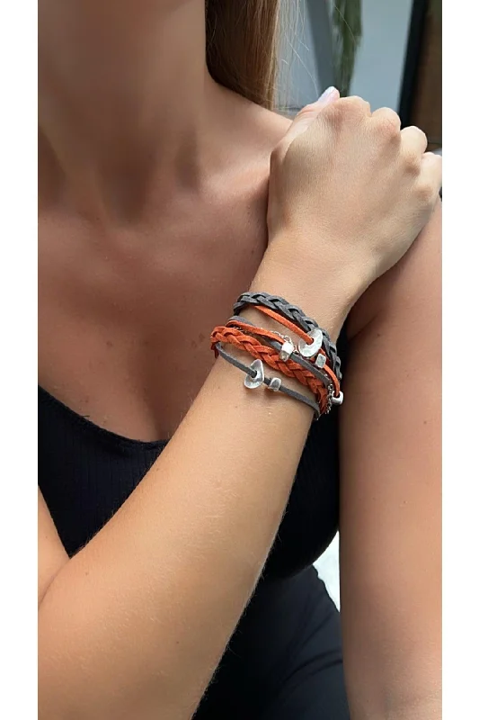 Gold Cuff Bracelets for Women-Women's Gray Orange Silver Plated Knitted Detailed Suede Bracelet