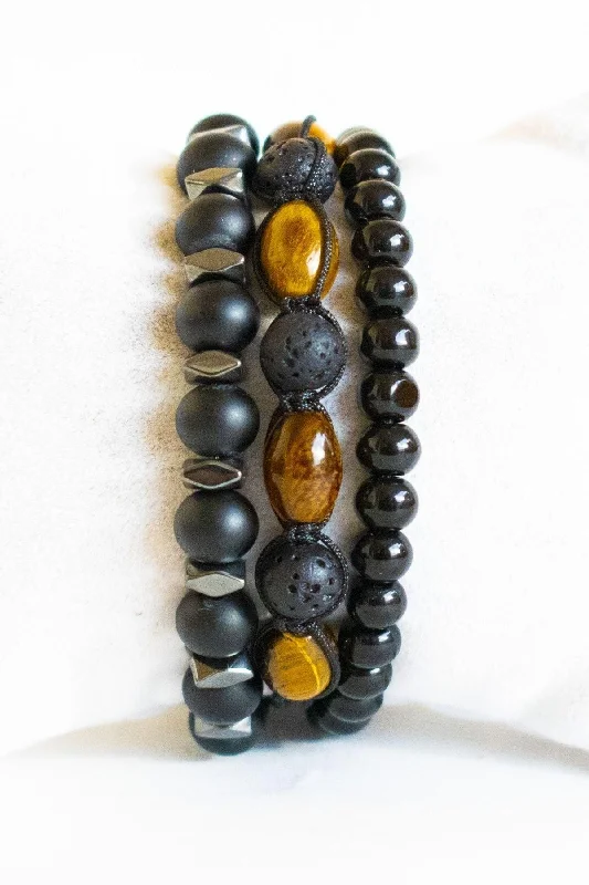 Gemstone Cuff Bracelets-3 Pcs Bracelet Set Tiger Eye Lava Macrame Natural Stone, 6 Mm Black Onyx Stone And 8mm Hematite Bracelet