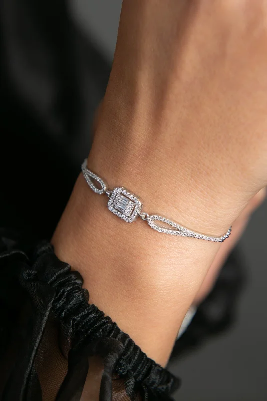 Gold Link Bracelets for Women-Women's Rhodiumed Zircon Baguette Stone Model 925 Sterling Silver Bracelet