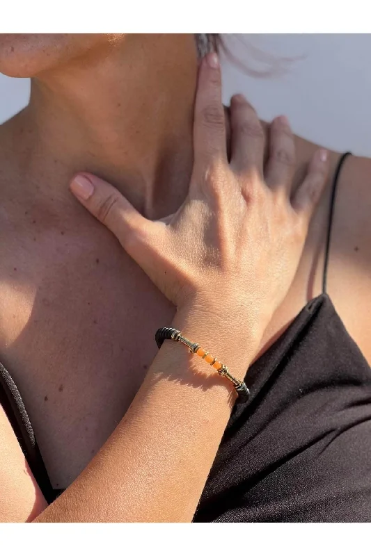 Colored Leather Bracelets-Peach Aventurine&Hematite&Lava Stone Unisex Bracelet