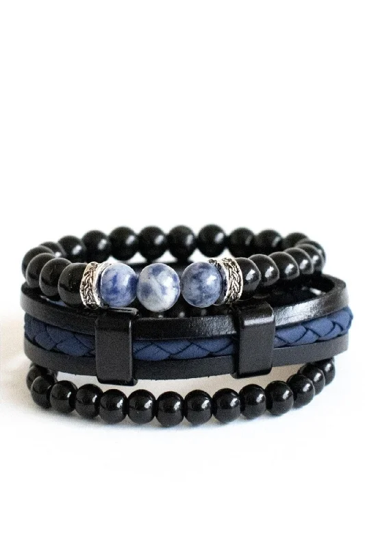 Sparkly Gold Bracelets-3 Pcs Bracelet Set Blue Sodalite Natural Stone, Blue Leather Black Onyx Stone Bracelet