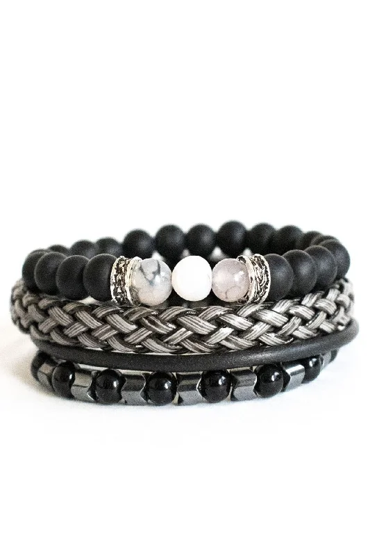 Leather Bracelets-Pcs Bracelet Set Grey-agate, Gray Leather Hematitstone Bracelet