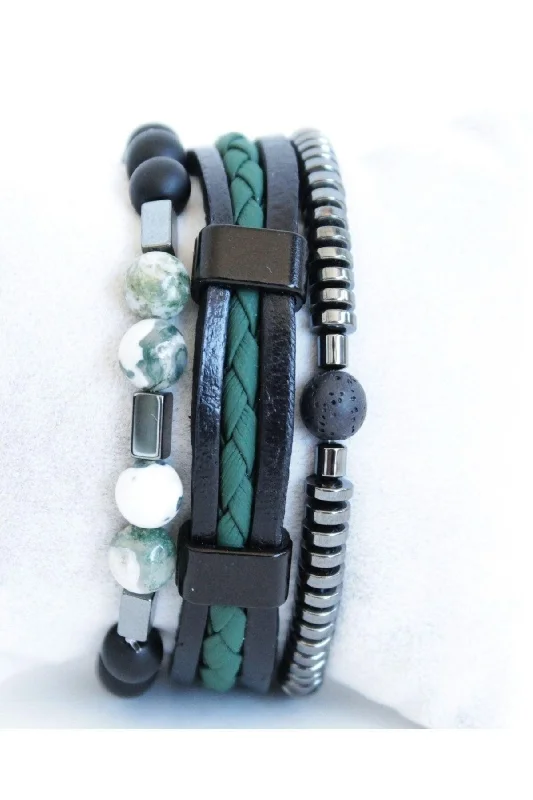 Sports Silicone Bracelets-3 Pcs Bracelet Set Sequential Green Natural Stone, Green Leather Black Onyx Stone Bracelet