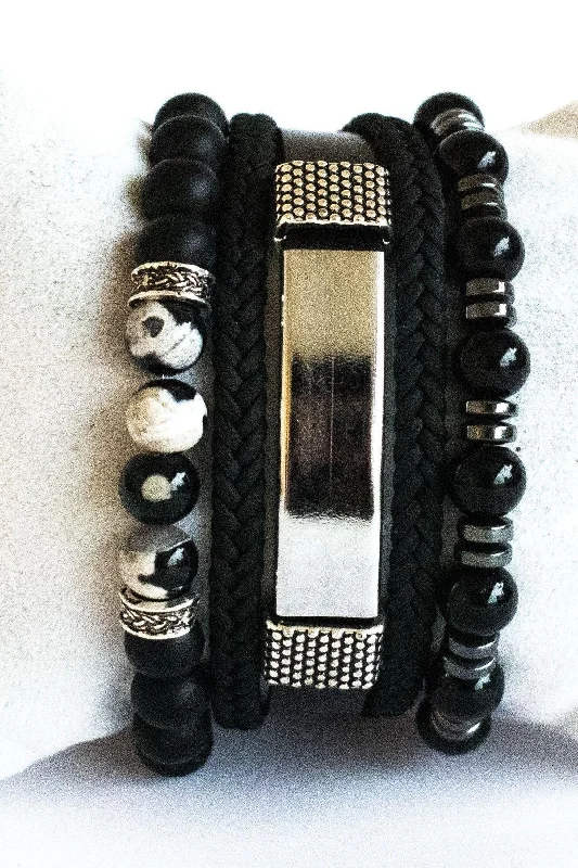 Custom Bracelets-3 Piece Bracelet Set Black Onyx Natural Stone, Steel Leather Hematite Stone Bracelet