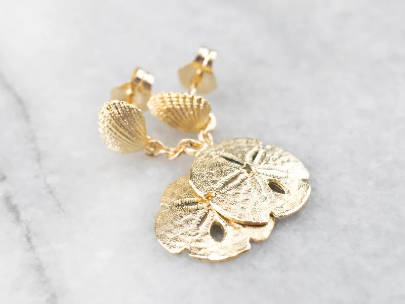 Extra Large Earrings-Gold Sand Dollar Drop Earrings