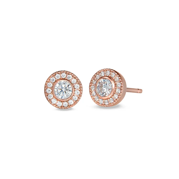 3D Earrings-Rose Gold Finish Sterling Silver Micropave Round Simulated Diamond Earrings with Simulated Diamonds