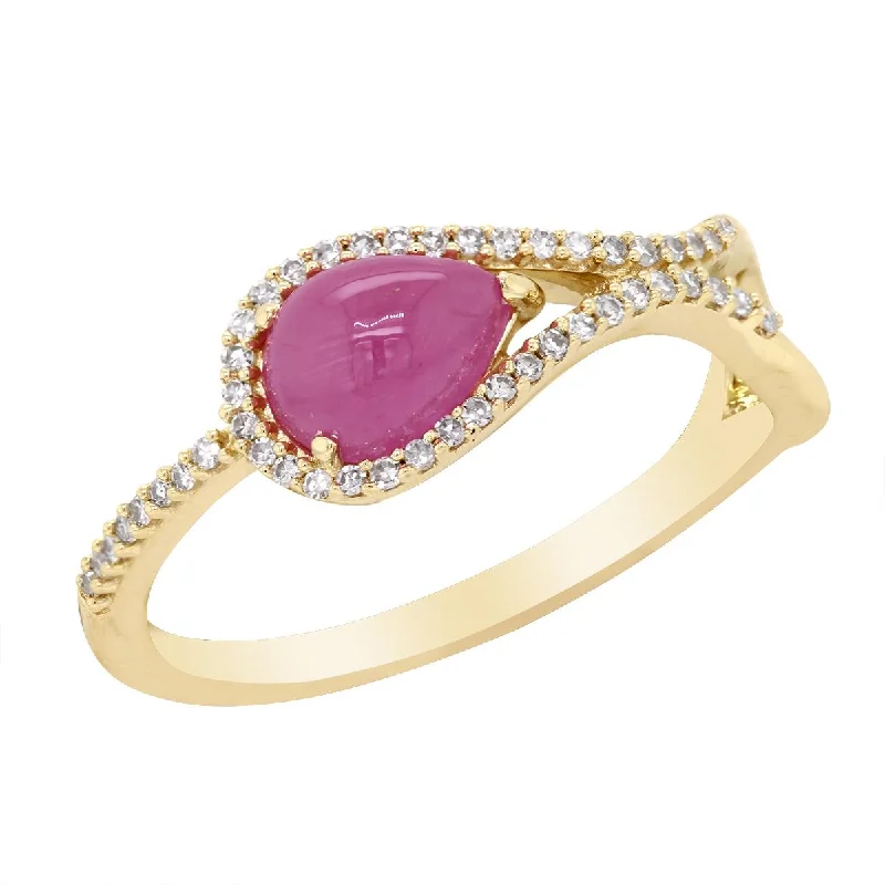 Engagement Ring and Band Sets-PEAR SHAPED CABOCHON CUT RUBY AND DIAMOND RING, .14 CT TW