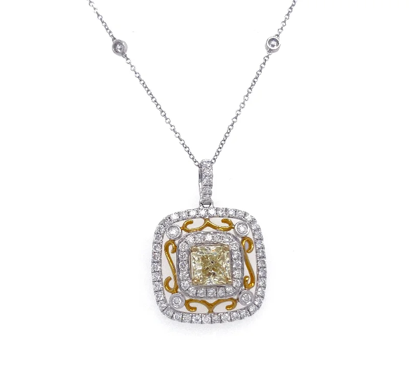 Custom Silver Necklaces-3.56 Cttw Radiant And Round Diamond Halo Diamonds By The Yard Necklace 18K & 14K White And Yellow Gold