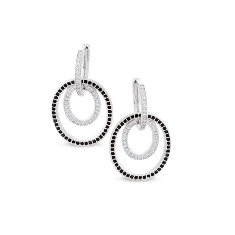 Black Hoop Earrings-Platinum Finish Sterling Silver Micropave Black and White Interlocking Huggie Earrings with Simulated Diamonds