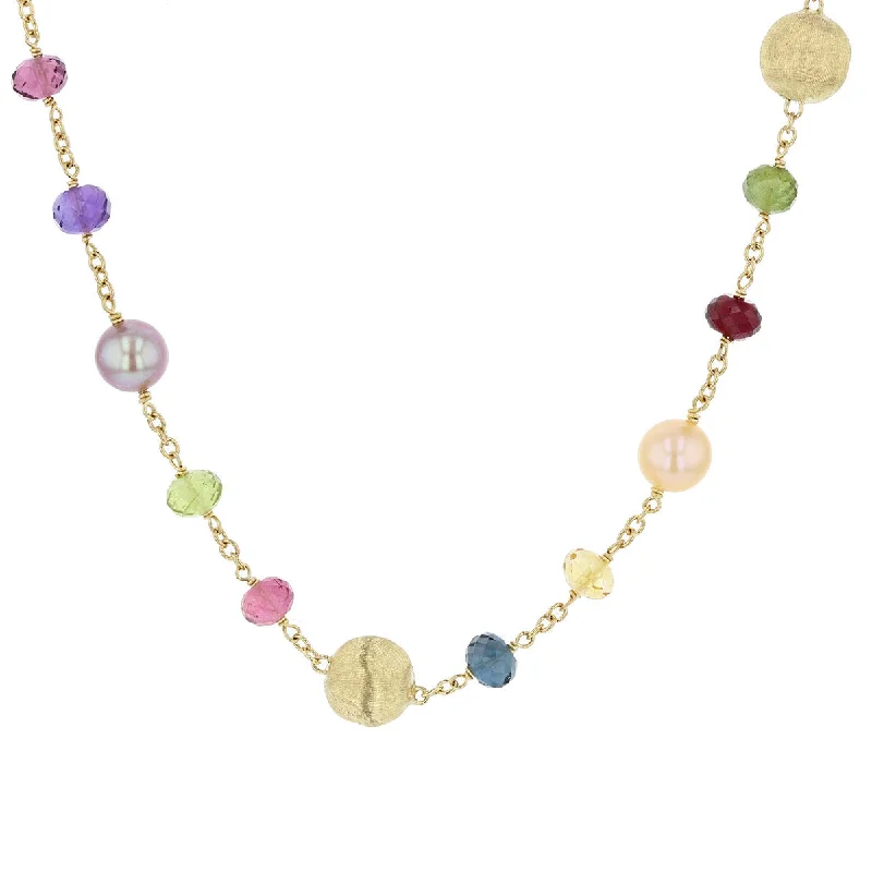 Handcrafted Chain Necklaces-18K Yellow Gold Mixed Gemstone and Pearl Short Necklace