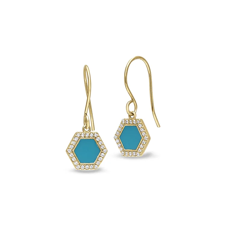 Multi-color Earrings-Gold Finish Sterling Silver Micropave Turquoise Enamel Hexagon Earrings with Simulated Diamonds