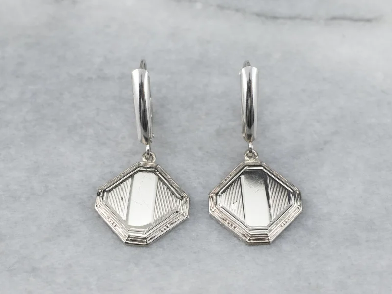 Diamond Dangle Stud Earrings-Square Disk White Gold Drop Earrings