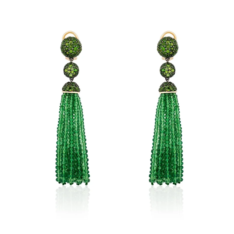 Sleek Earrings-G-One Tsavorite Tassel Diopside Earrings