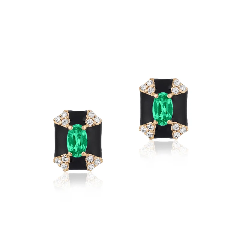 Matte Gold Earrings-Rectangle Stone Enamel Stud Earrings with Diamonds