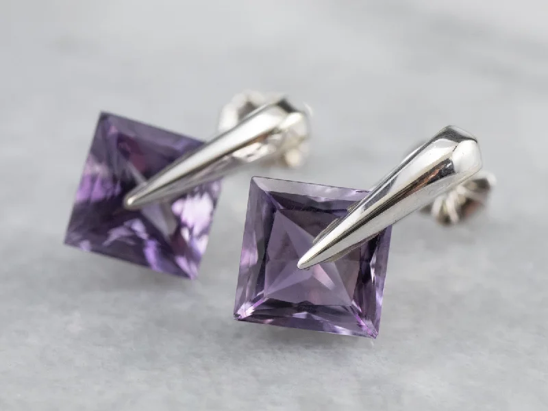 Sparkly Earrings-Amethyst White Gold Stud Earrings