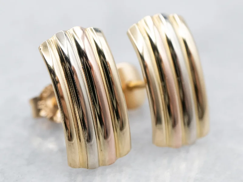 Art Deco Earrings-Tricolor 18 Karat Gold Ribbed Stud Earrings