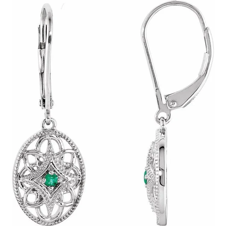 Retro Hoop Earrings-Sterling Silver Natural Emerald Lever Back Earrings