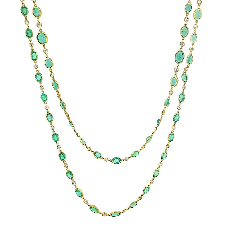 Classic Choker Necklaces-18K Yellow Gold Emerald and Diamond Necklace