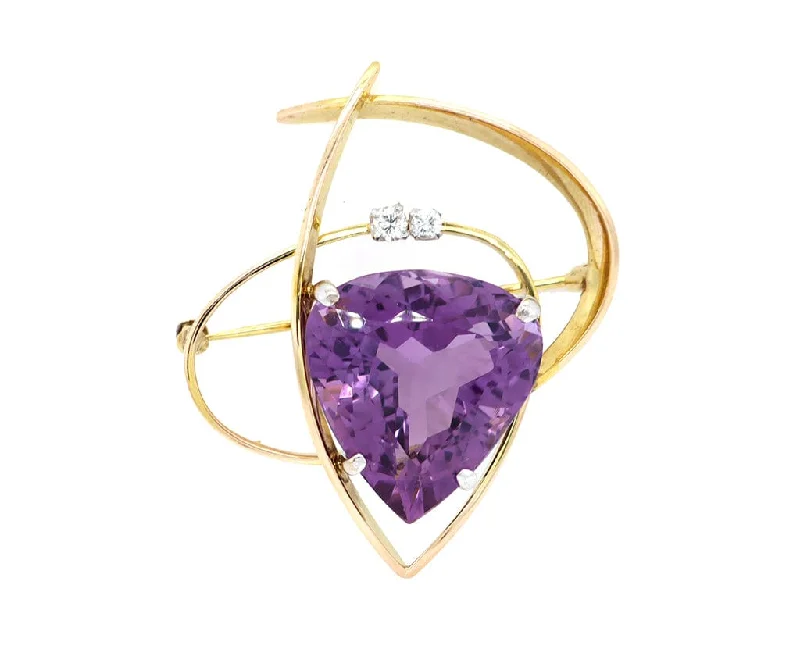 Casual Flower Brooch-29.0ct Trillion Cut Amethyst and 0.15ctw Diamond Brooch in 14K