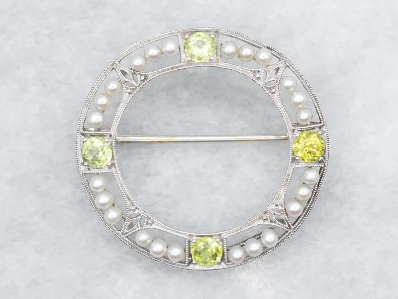 Gold Floral Brooch Pin-Peridot and Seed Pearl Round Brooch