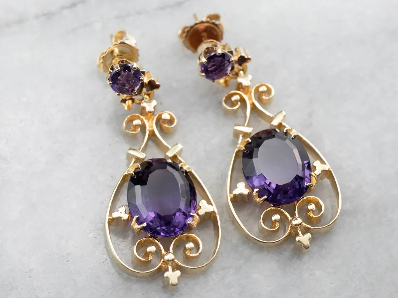 Bright Earrings-Victorian Revival Amethyst Gold Filigree Drop Earrings