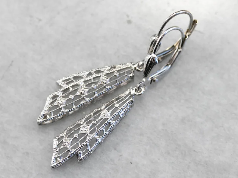 Feather Earrings-Art Deco White Gold Drop Earrings