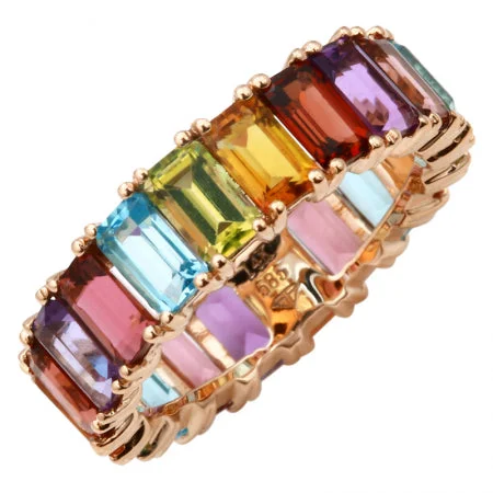 Designer Gold Wedding Bands-14K Rose Gold Multi-Sapphire Emerald Cut Eternity Ring (Large)