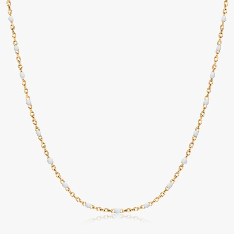 Beaded Chain Necklaces-White Enamel Bead Necklace in Gold