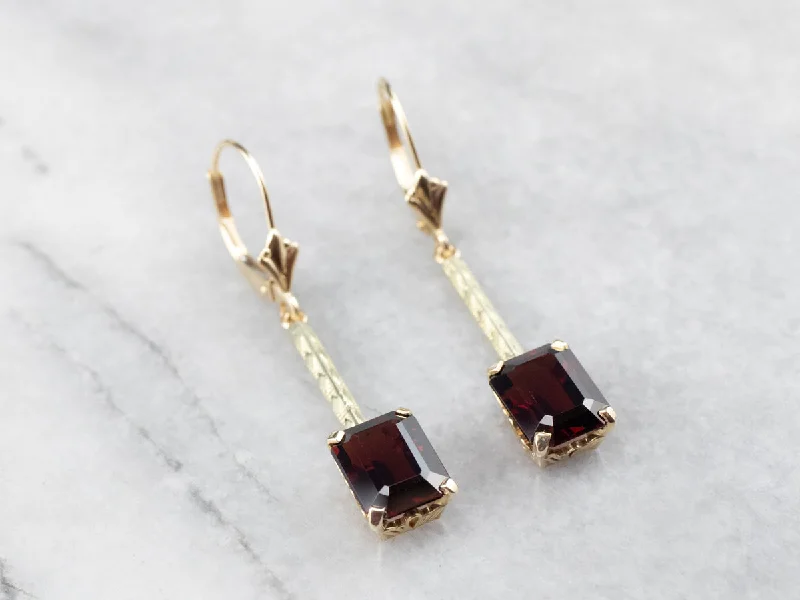 Drop Earrings-Emerald Cut Garnet Gold Bar Drop Earrings