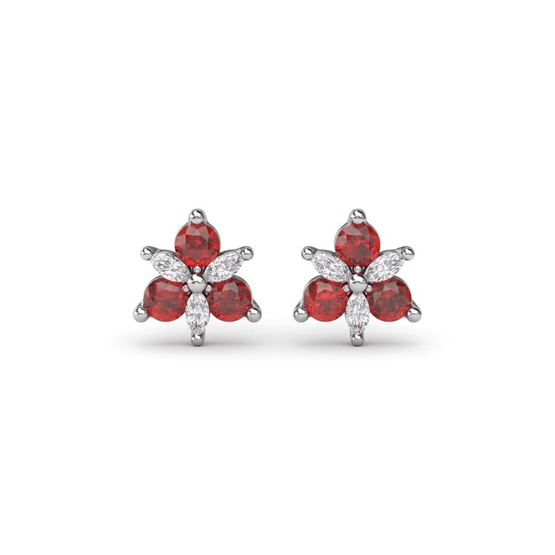 Gold Earrings-Trio Stud Ruby and Diamond Earrings ER1894R