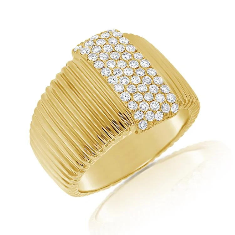 Silver Rings for Women-14K Yellow Gold Pave Diamond Ribbed Ring