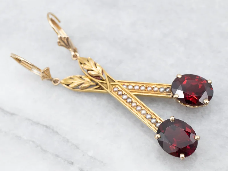 Elegant Gemstone Earrings-Gleaming Yellow Gold Garnet and Seed Pearl Drop Earrings