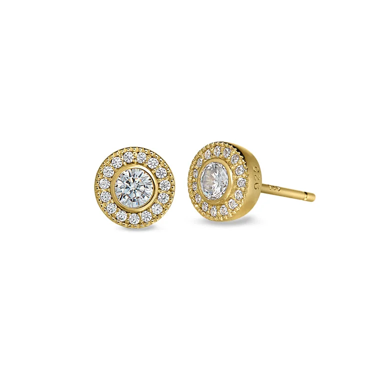 Gem Earrings-Gold Finish Sterling Silver Micropave Round Simulated Diamond Earrings with Simulated Diamonds