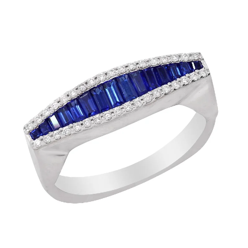 Men's Wedding Band Sets-WHITE GOLD FASHION RING WITH BAGUETTE SAPPHIRES AND ROUND DIAMONDS, .13 CT TW