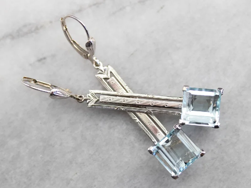 Gothic Earrings-Art Deco Aquamarine Drop Earrings