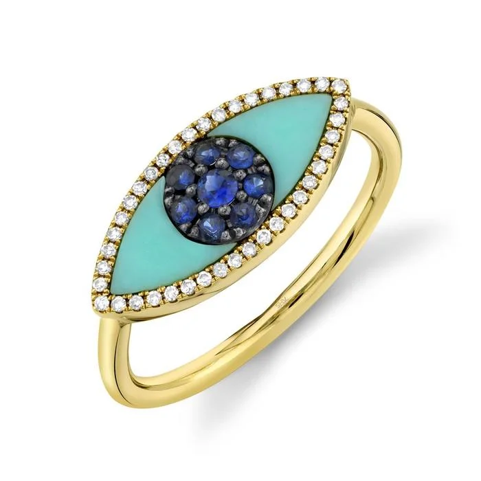 Antique Rings-14K Yellow Gold Diamond & Blue Sapphire + Turquoise Eye Ring