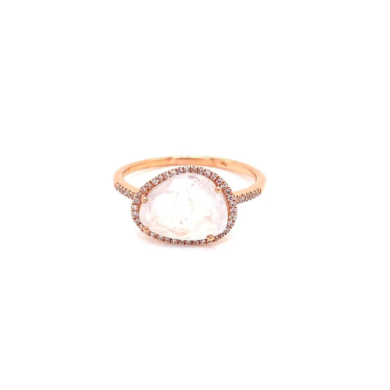 Bridal Set Rings-14K Rose Gold Diamond + Rainbow Moonstone Ring