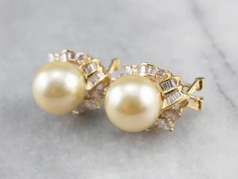 Art Deco Earrings-Pearl Diamond 18K Gold Statement Earrings