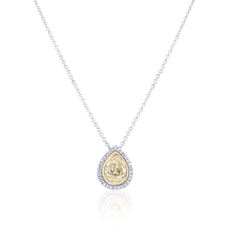 Stone Pendant Necklaces-14K Two Tone Fancy Yellow Pear-Cut Diamond Halo Pendant