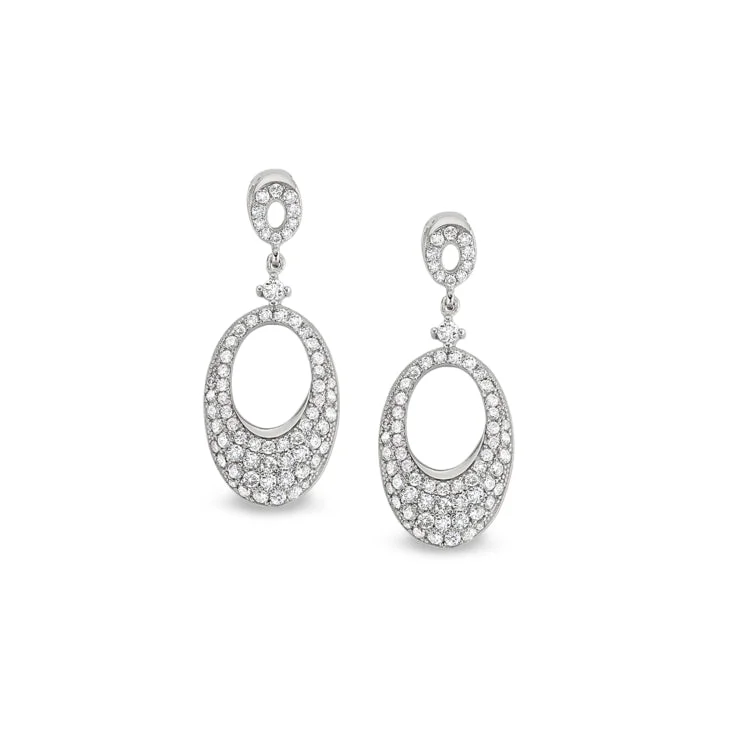 Unique Earrings-Platinum Finish Sterling Silver Micropave Graduated Open Oval Earrings with Simulated Diamonds