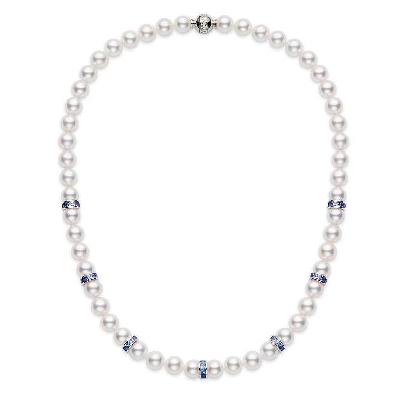 Vintage Gem Pendant Necklaces-Akoya Cultured Pearl Strand Necklace with Blue Sapphire Rondelles