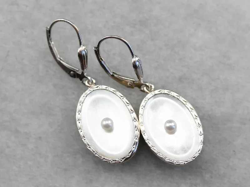 Embellished Earrings-Retro Mother of Pearl and Seed Pearl Drop Earrings