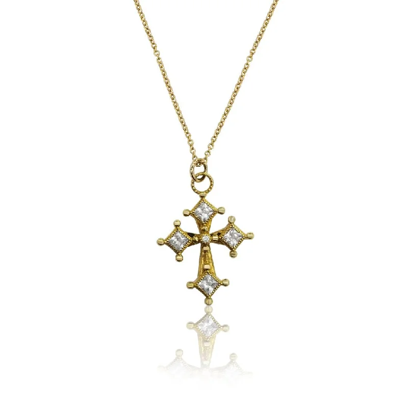 Double Pendant Necklaces-18K Yellow Gold Colored Stone Milgrain Cross Estate Pendant