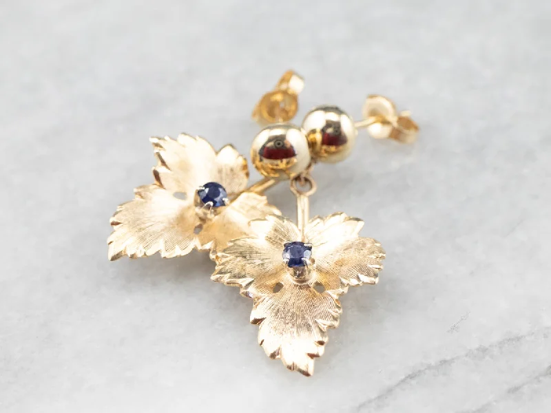 Abstract Stud Earrings-Gold Sapphire Leaf Drop Earrings