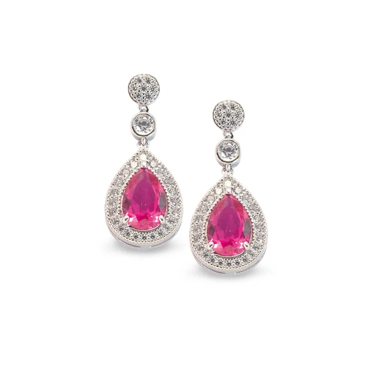 Small Drop Earrings-Platinum Finish Sterling Silver Micropave Tear Drop Earrings with Simulated Ruby and Simulated Diamonds