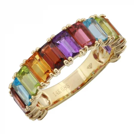 Diamond Wedding Bands-14K Yellow Gold Rainbow Gemstone Ring (3/4 SETTING)