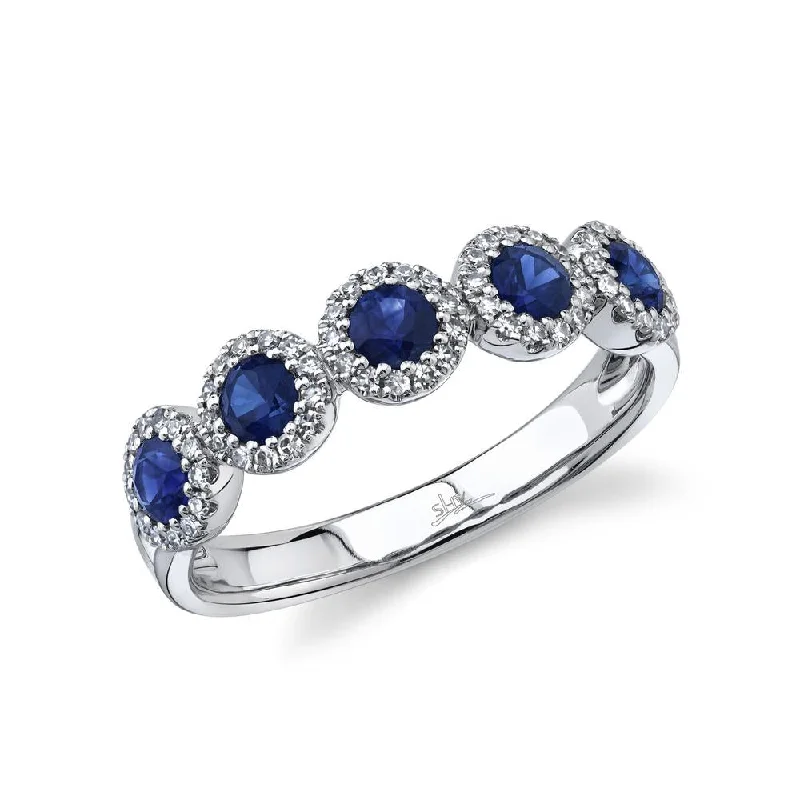 Engraved Wedding Bands-14K White Gold Diamond Halo + Blue Sapphire Band