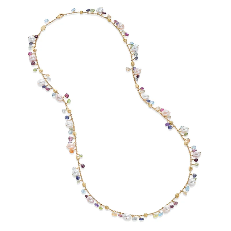 Bridal Charm Necklaces-18K Yellow Gold Mixed Gemstone and Pearl Medium Necklace