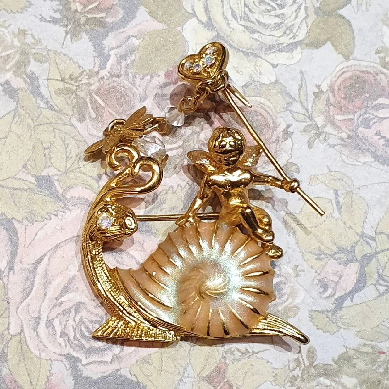 Gold Filigree Brooch-Kirks Folly Brooch Angel Cupid Snail  Dragonfly Vintage