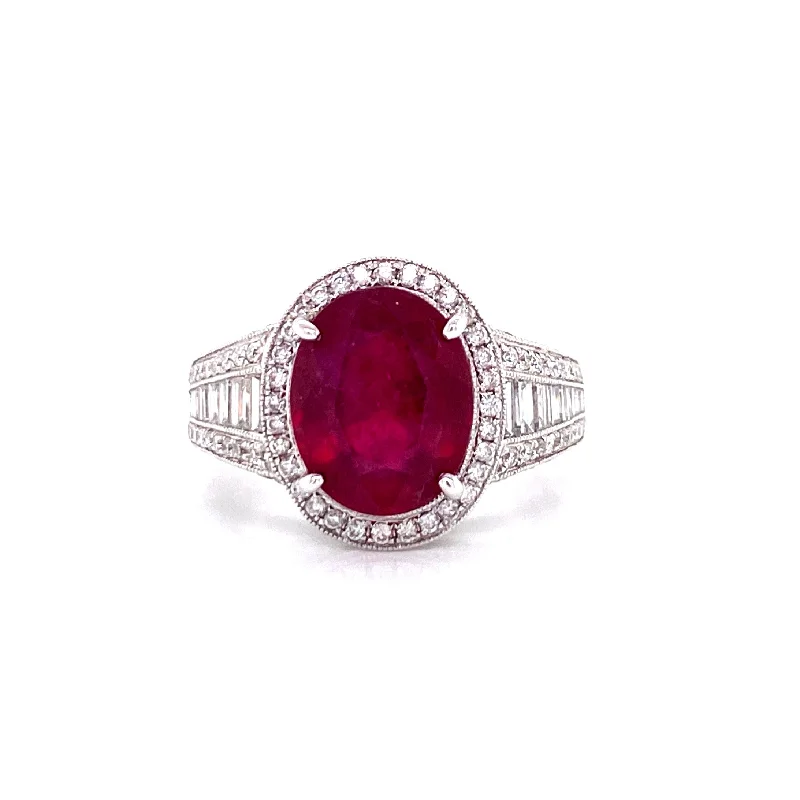 Wedding Ring with Gemstones-18K White Gold Diamond + Oval Ruby Ring